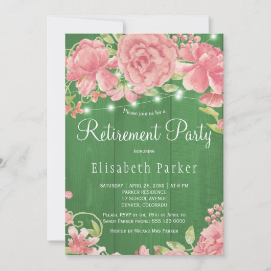 ピンク素朴赤面バラ牡丹の退職パーティー 招待状 (正面)