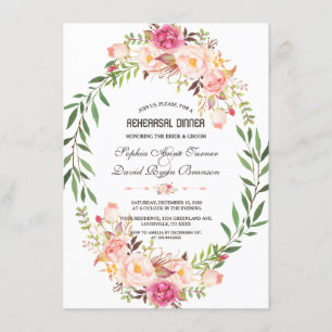 ピンク素朴赤面フローラ開花リハーサルディナー 招待状