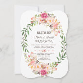 ピンク素朴赤面フローラ開花我々はまだ行う 招待状 (正面)