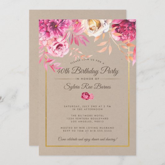 ピンク素朴40歳の誕生日パーティの招待状 招待状 (正面/裏面)