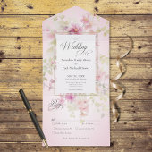 ピンク素朴&セージ水カラーフローラピンクディナー オールインワン招待状