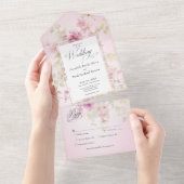 ピンク素朴&セージ水カラーフローラピンクディナー オールインワン招待状 (貼ってはがせる)