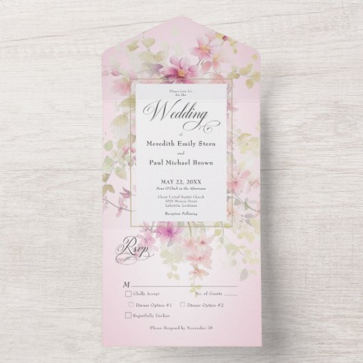 ピンク素朴&セージ水カラーフローラピンクディナー オールインワン招待状 (内側)