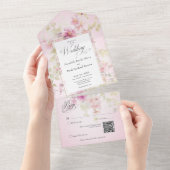 ピンク素朴&セージ水彩フローラピンクQRコード オールインワン招待状 (貼ってはがせる)