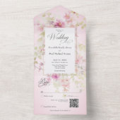 ピンク素朴&セージ水彩フローラピンクQRコード オールインワン招待状 (内側)