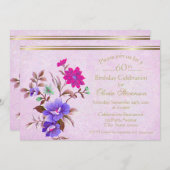 ピンク素朴&パープルフローラ60th誕生日パーティー 招待状 (正面/裏面)