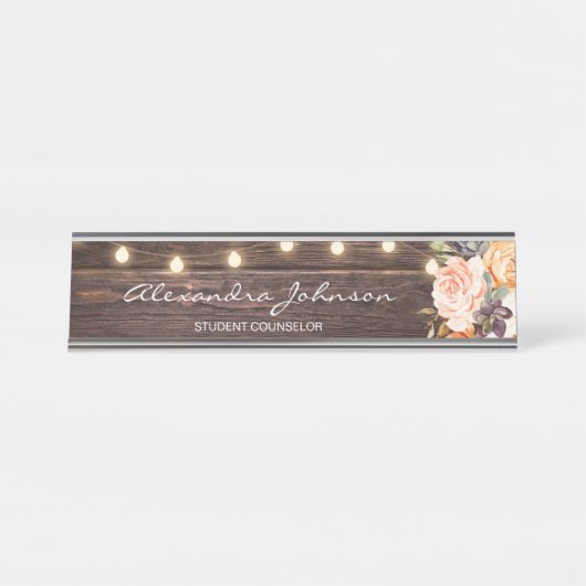 ピンク素朴&ピーチフローラウッドライト&タイトル デスクネームプレート (正面)
