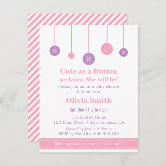 ピンク紫がボタンのベビーシャワーとして可愛い 招待状 (正面/裏面)