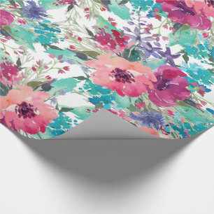 ピンク紫と青の水彩花模様 ラッピングペーパー