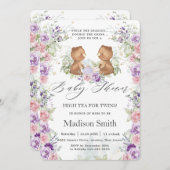 ピンク紫のフローラがティーツインズベビーシャワーを負担 招待状 (正面/裏面)