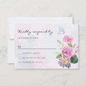 ピンク紫のフローラ水色の蝶 出欠カード (正面)