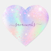ピンク紫のホログラフィックスパークルガール誕生日 ハートシール (正面)