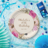 ピンク紫の水彩フローラ40th Birthday ペーパープレート (パーティー)