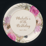 ピンク紫の水彩フローラ40th Birthday ペーパープレート<br><div class="desc">ピンクと柔らかい紫色の水の色のフローラカスタムの誕生日パーティーのラウンド紙プレート。スクリプパーソナライズされたトフォントで名誉のゲストの名前と年齢とお洒落、これらの紙プレートはあなたのお祝いに完璧である。お客様連絡のカスタマイズに関するサポートを受けたり、お客様のイベントに対してZazzle製品の追加のマッチングまたは調整を要求したりするために</div>