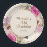 ピンク紫の水彩フローラ40th Birthday ペーパープレート<br><div class="desc">ピンクと柔らかい紫色の水の色のフローラカスタムの誕生日パーティーのラウンド紙プレート。スクリプパーソナライズされたトフォントで名誉のゲストの名前と年齢とお洒落、これらの紙プレートはあなたのお祝いに完璧である。お客様連絡のカスタマイズに関するサポートを受けたり、お客様のイベントに対してZazzle製品の追加のマッチングまたは調整を要求したりするために</div>