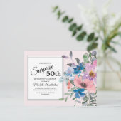ピンク紫の水彩フローラ50th誕生日パーティー ポストカード (スタンド正面)