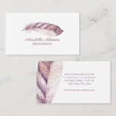 ピンク紫の水色の羽毛を描いたシックハンド 名刺 (正面/裏面)