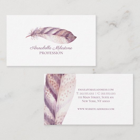 ピンク紫の水色の羽毛を描いたシックハンド 名刺 (正面/裏面)