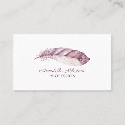 ピンク紫の水色の羽毛を描いたシックハンド 名刺 (正面)