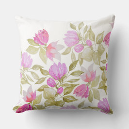 ピンク紫の水色の花の手絵を描形 クッション