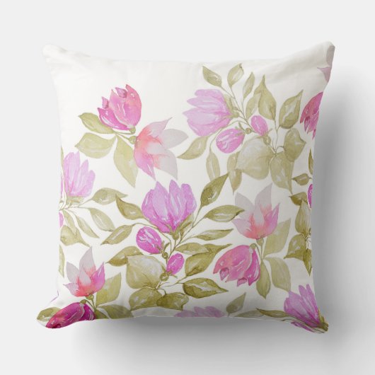 ピンク紫の水色の花の手絵を描形 クッション (正面)