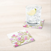 ピンク紫の水色の花の手絵を描形 スクエアペーパーコースター (インサイチュ)
