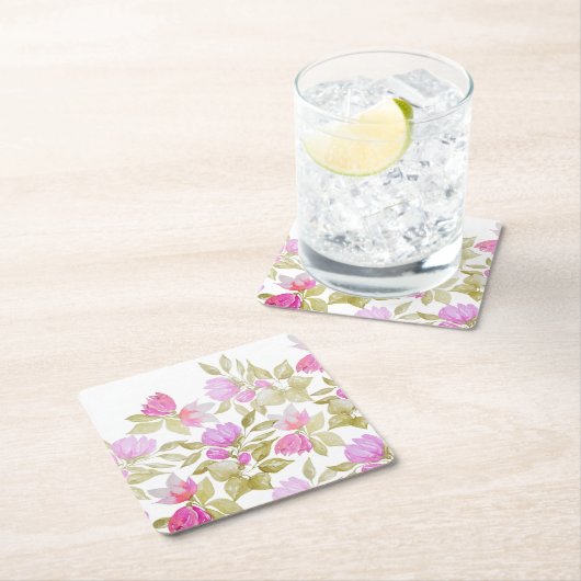 ピンク紫の水色の花の手絵を描形 スクエアペーパーコースター (インサイチュ)