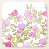ピンク紫の水色の花の手絵を描形 スクエアペーパーコースター (正面)