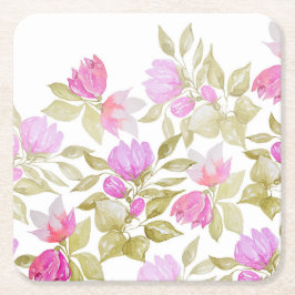 ピンク紫の水色の花の手絵を描形 スクエアペーパーコースター