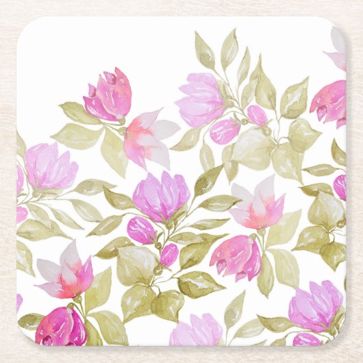 ピンク紫の水色の花の手絵を描形 スクエアペーパーコースター (正面)