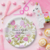 ピンク紫の水色の花の手絵を描形 ペーパープレート (パーティー)