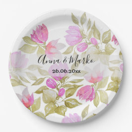 ピンク紫の水色の花の手絵を描形 ペーパープレート