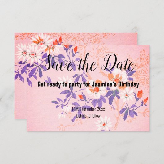 ピンク紫の白いさくらんぼの花の日付を保存 出欠カード (正面/裏面)