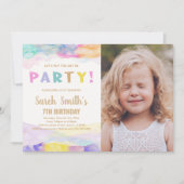 ピンク紫の絵を描誕生日招待状（写真あり） 招待状 (正面)