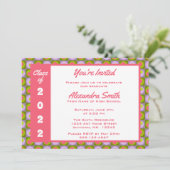 ピンク紫の緑の四角いドット縁ど卒業 招待状 (スタンド正面)