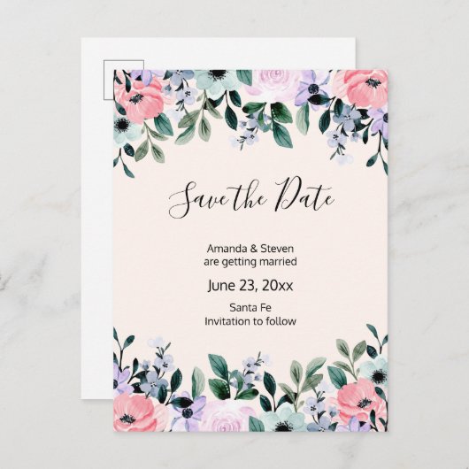 ピンク紫の緑の水色のフローラ日付を保存 インビテーションポストカード (正面/裏面)