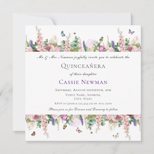 ピンク紫の花と蝶 |キンチェニェラ 招待状 (正面)