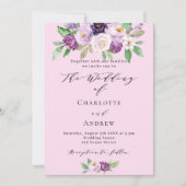 ピンク紫の花のQRコード詳細招待状 結婚式 招待状 (正面)