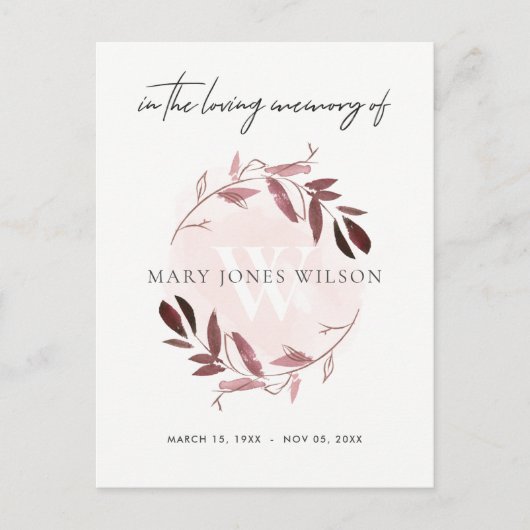 ピンク紫の葉リースメモリアルありがとう インビテーションポストカード (正面)