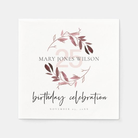 ピンク紫の葉リース任意の年齢25誕生日 スタンダードカクテルナプキン (正面)