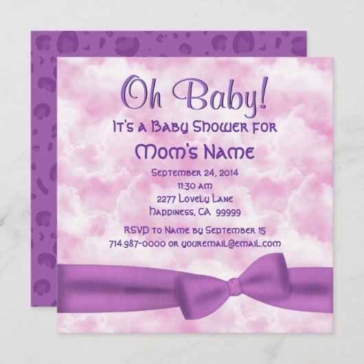 ピンク紫の雲の弓とヒョウの赤ちゃんの女の子シャワー 招待状 (正面/裏面)