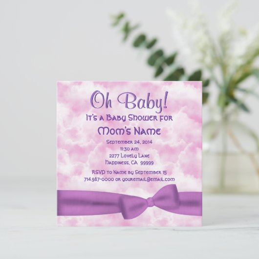 ピンク紫の雲の弓とヒョウの赤ちゃんの女の子シャワー 招待状 (スタンド正面)