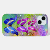 ピンク紫の青い蝶、緑の金ゴールドきらめき Case-Mate iPhoneケース (裏面 (横))