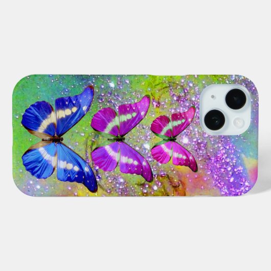ピンク紫の青い蝶、緑の金ゴールドきらめき Case-Mate iPhoneケース (裏面 (横))