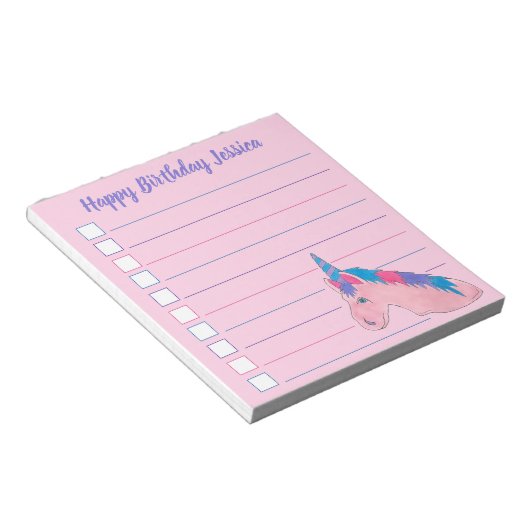 ピンク紫の魔法の馬ユニコーン誕生日パーティー ノートパッド (アングル)