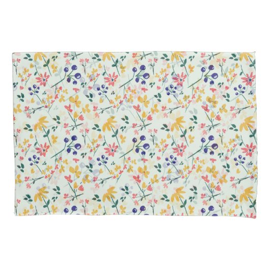 ピンク紫イエローグリーン花エレガント柄 枕カバー (正面)