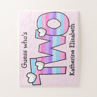 ピンク紫グラデーションのストライプハート2nd誕生日 ジグソーパズル