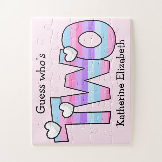 ピンク紫グラデーションのストライプハート2nd誕生日 ジグソーパズル (縦)