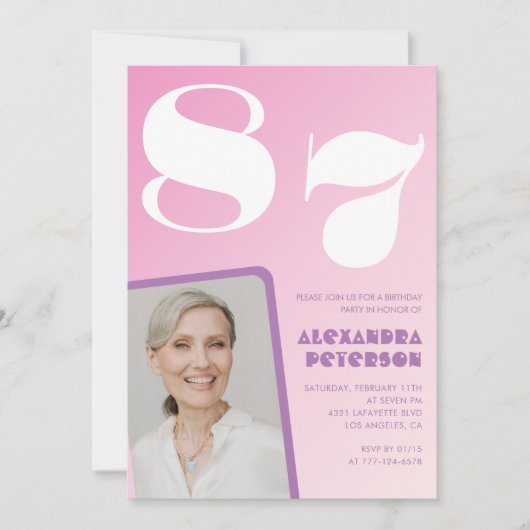 ピンク紫グラデーション写真87歳 招待状 (正面)