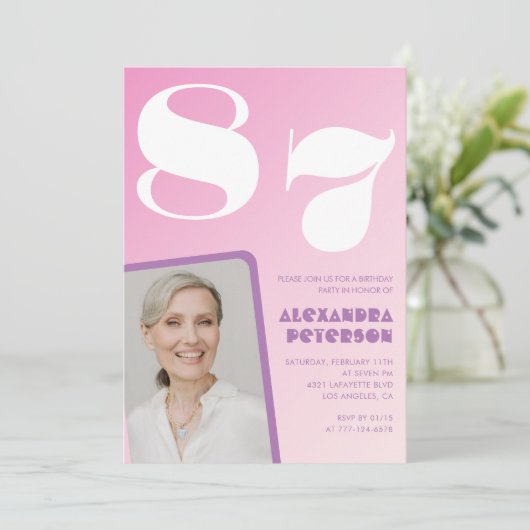 ピンク紫グラデーション写真87歳 招待状 (スタンド正面)